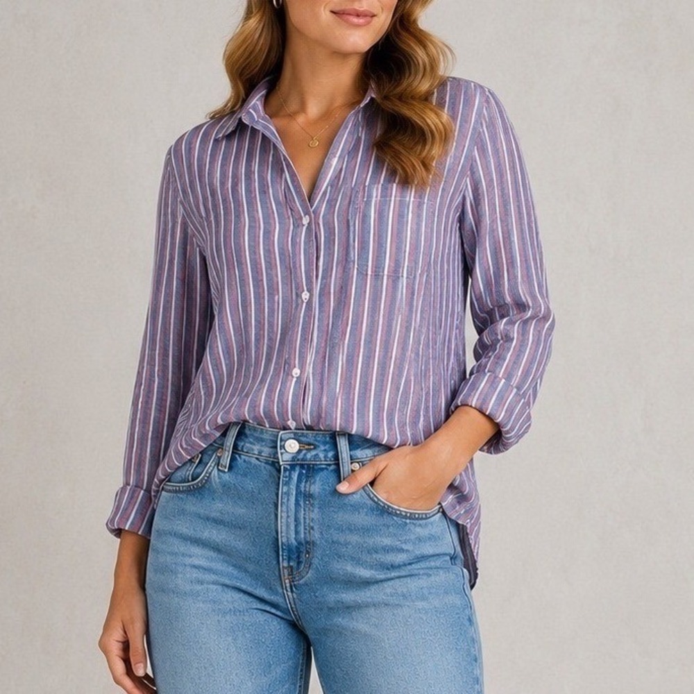 Grayson Frank & Eileen The Hero Blue Red White Striped Button Down Womens 01